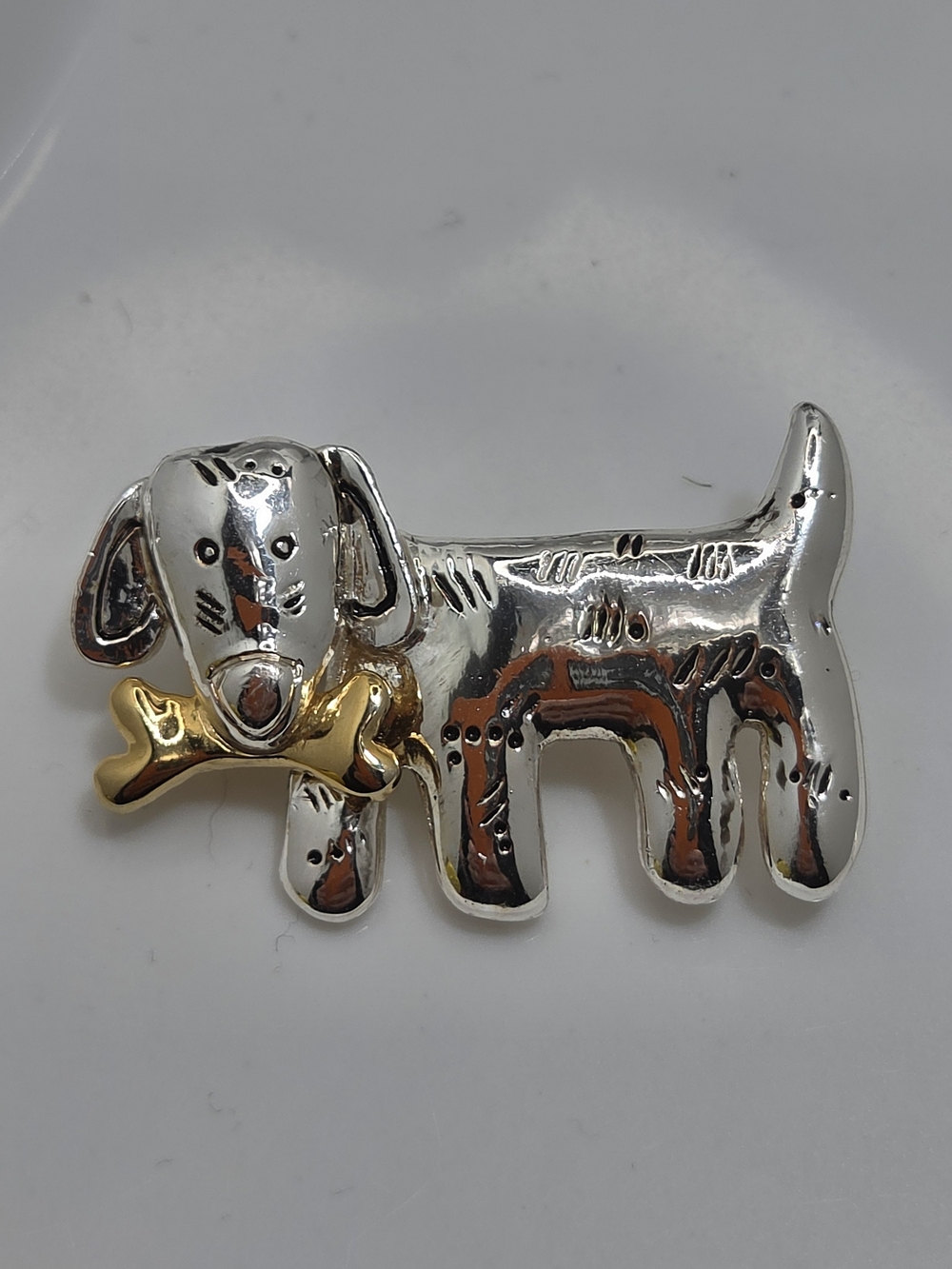 🐕 Vintage AJMC Silver Tone Dog with Gold Bone Brooch | Novelty Puppy Pin 🦴✨